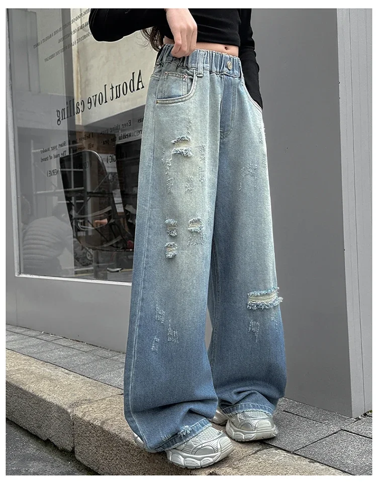 ZOETOPKID Mädchen Zerrissene Distressed Jeans Weite Hose mit Elastischem Bund Farbverlauf Denim-Hose für Kinder – Detail 8