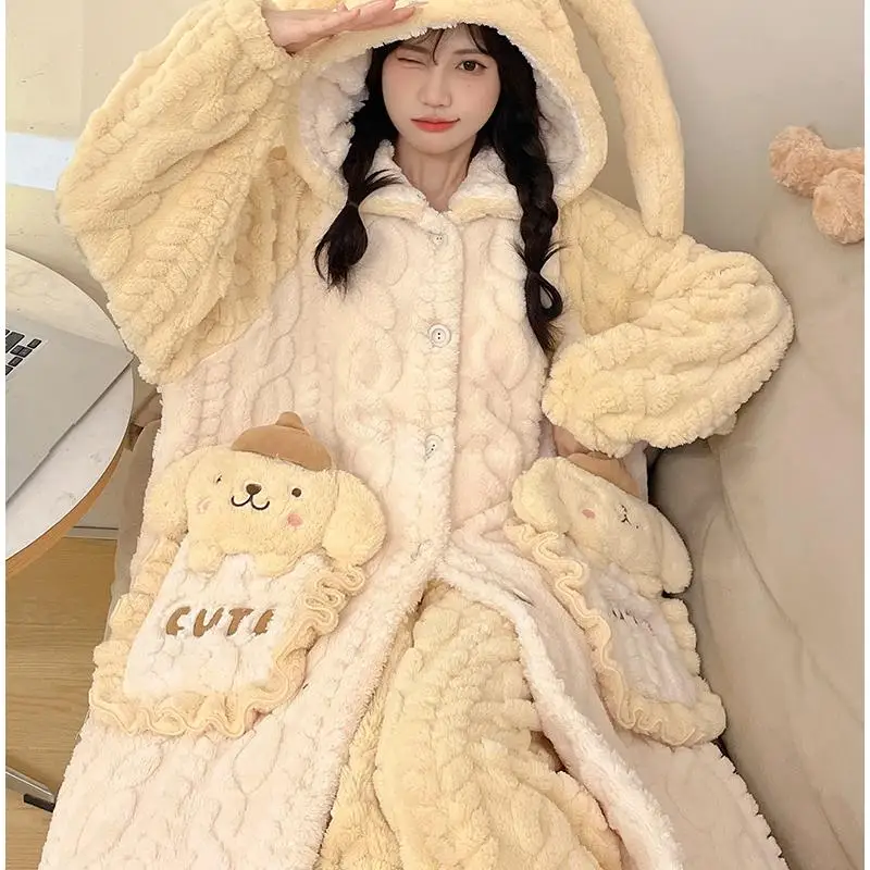 Miniso chica Coral polar engrosamiento capa con capucha pantalones bata traje de invierno Kawaii pompón Purins cómic estudiante mantener pijamas calientes