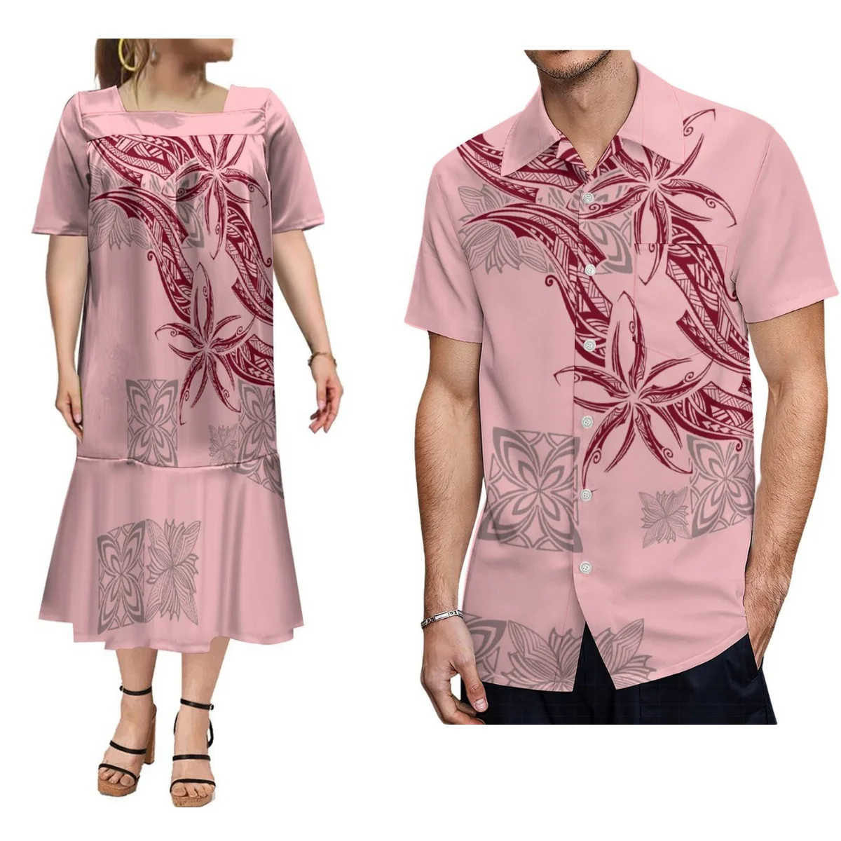 2024 Pacific Island Art Tribe Design Sublimates Printed Muumuu Women'S High Quality Party Dress With Men'S Shirt Couple Suit