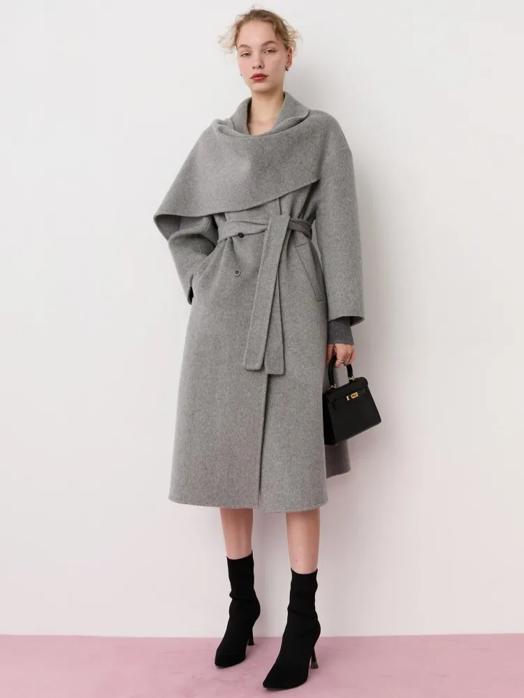 Office Ladies Elegant Woolen Coat Straight Medium Long Double Breasted Sashes Streetwear Women Fashion Autumn Winter Overcoat