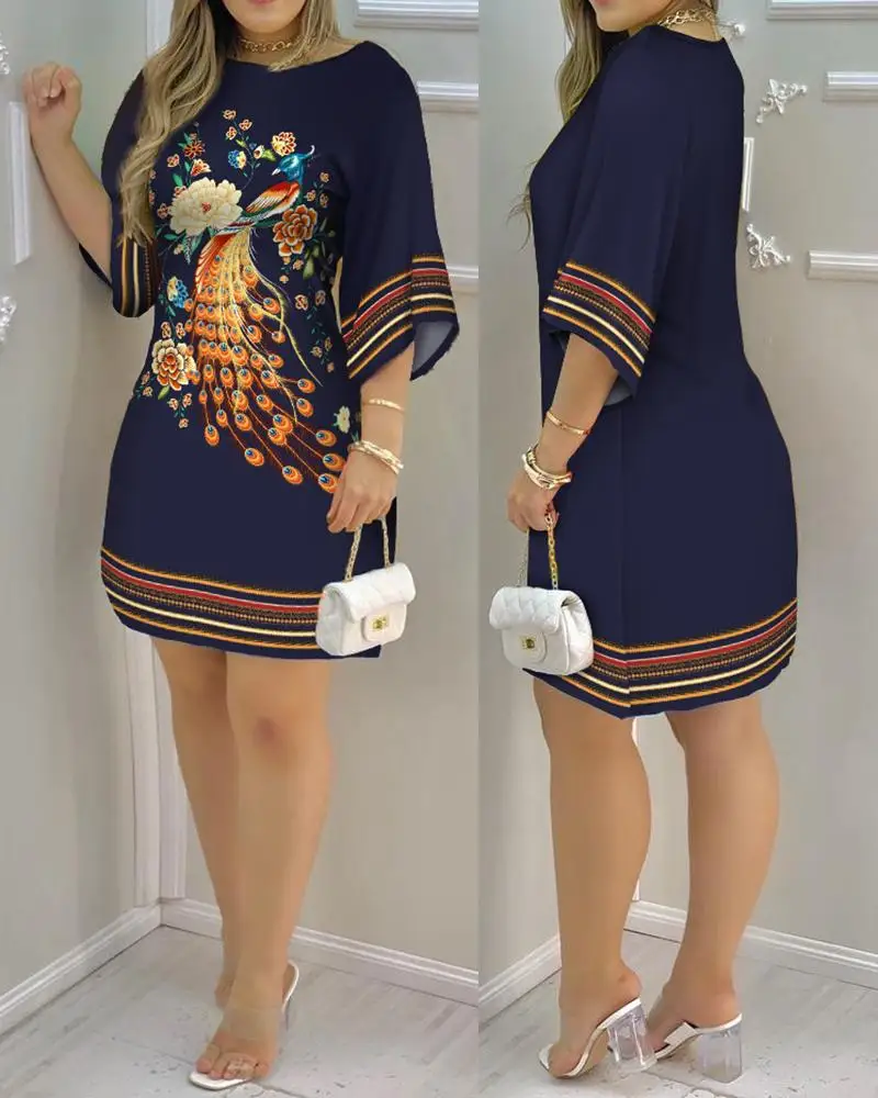 

Womens Dress Casual Summer Fashionable Temperament Commuting Pullover Round Neck Printed Three Quarters Sleeve A-line Mini Dress