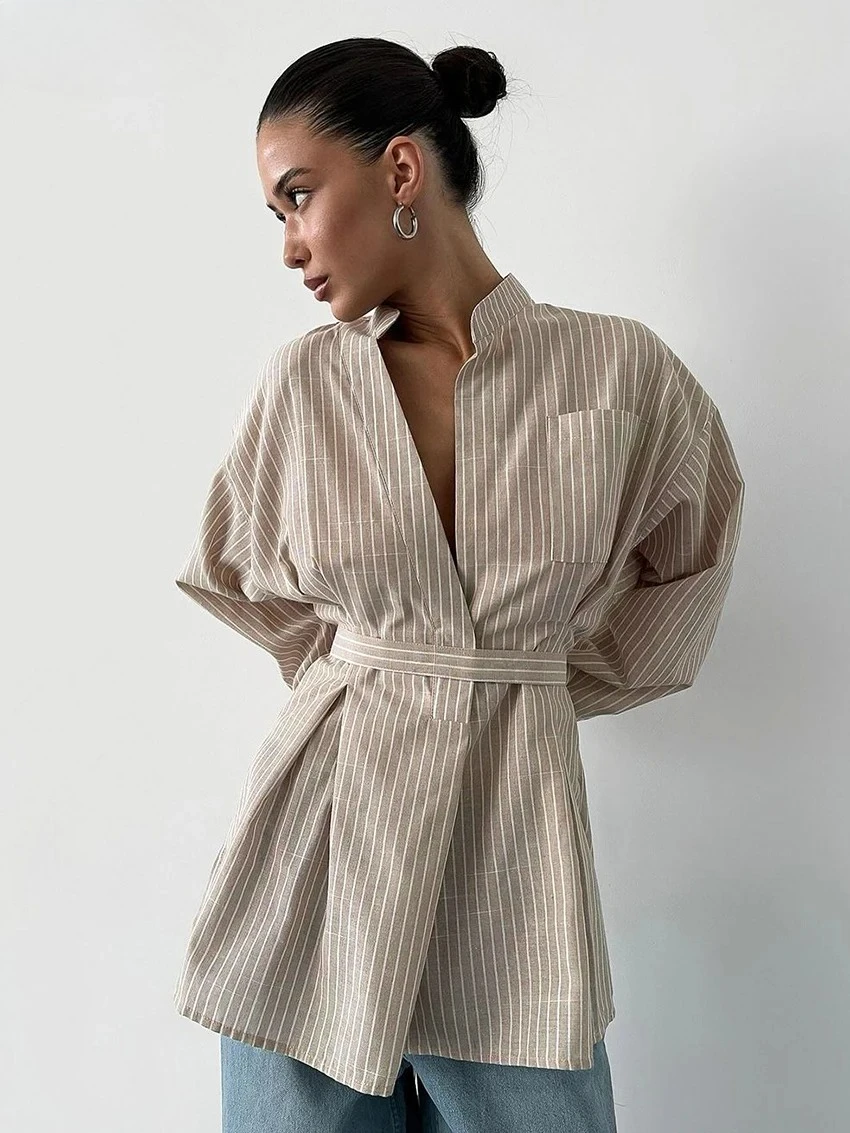 

Clacive Vintage Loose Brown Stripe Women Shirts 2025 Fashion Stand Collar Long Sleeve Shirt Elegant Classic Top Female Clothing