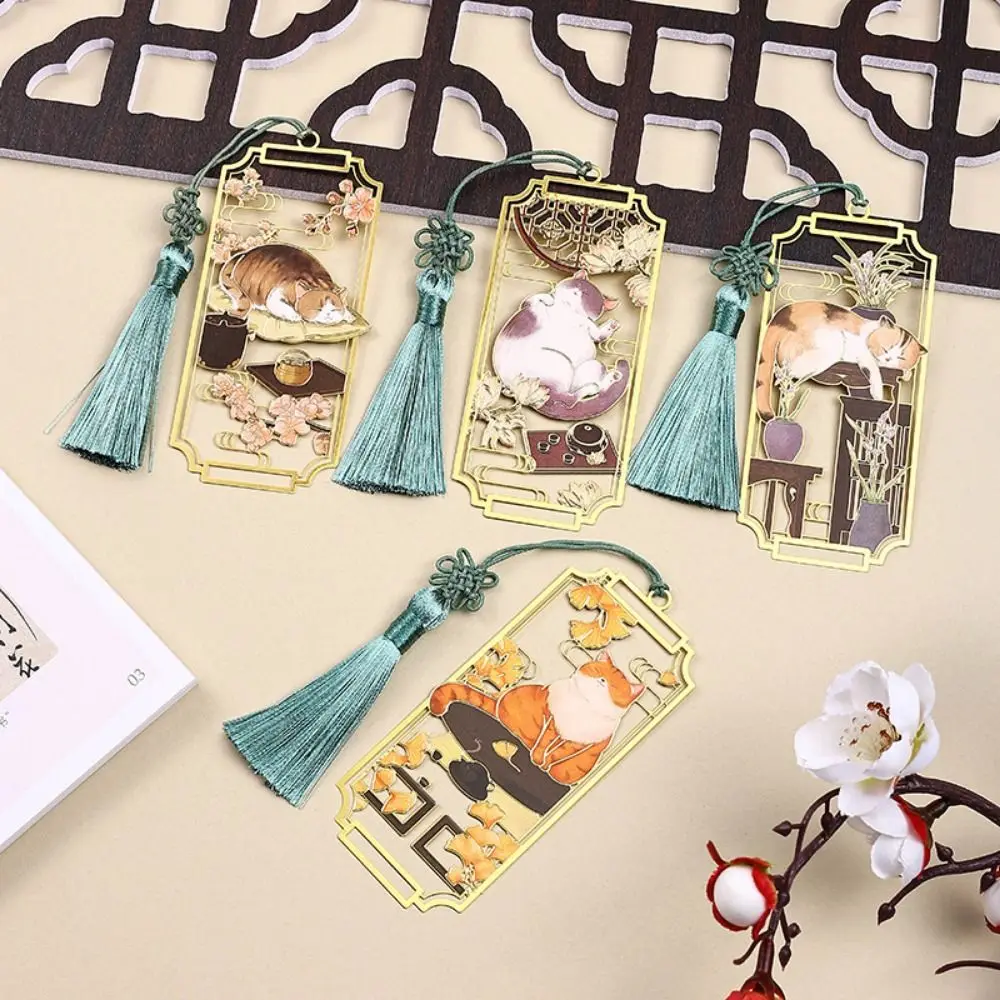 Cat Hollowed Cat Bookmark Tassels Chinese Style Metal Reading Bookmark Creative Fashion Chinese Style Bookmarks Book Lovers