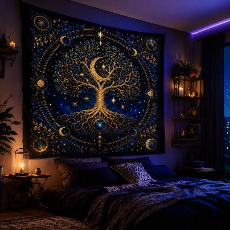 VIKAMA Tree of Life Starry Tapestry, Mystic Galaxy Moon Wall Hanging, Boho Spiritual Art Blanket for Bedroom Dorm Home Decor