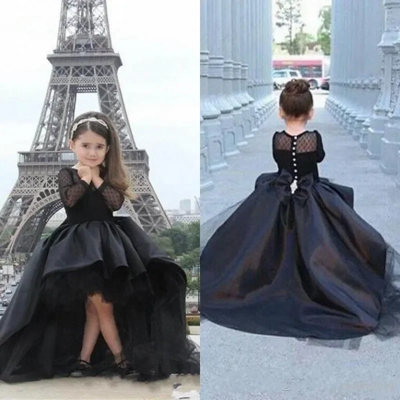 

Long Sleeves Pageant Flower Girl Dresses Black High Low Mother and Girl Dress Flower Teens Formal Holy Communion Gown