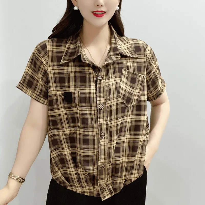 Ropa de mujer, camisa a cuadros clásica Vintage elegante de verano, blusa sencilla informal de manga corta con bolsillos de solapa, Tops holgados que combinan con todo