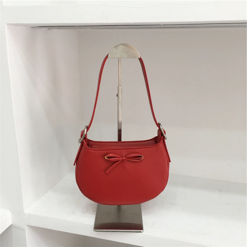 

Women Casual Handbag Solid Pu Leather Cute Bows Mini Shoulder Bags Versatile Female Leisure Commuting Underarm Packs for Lady