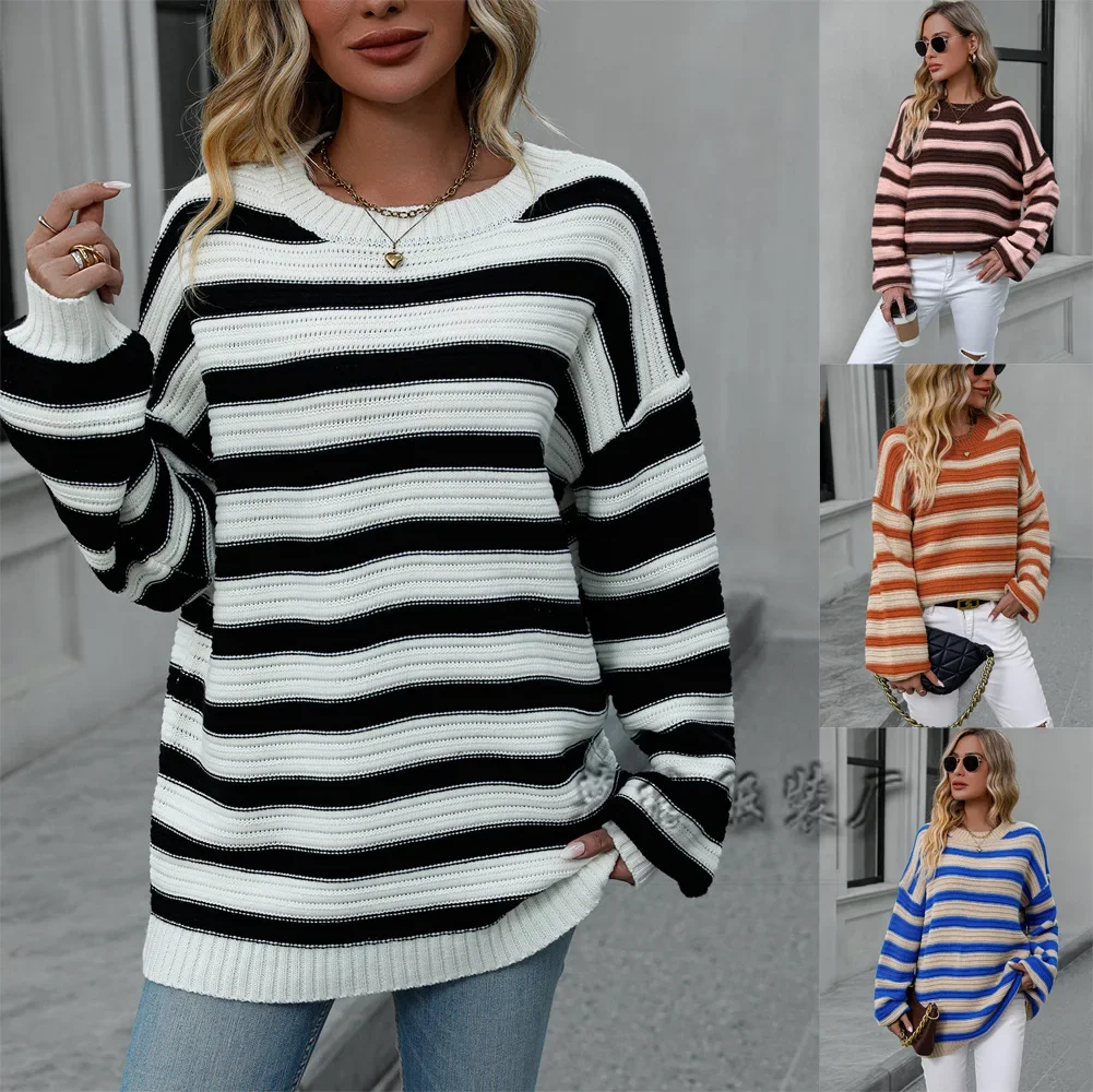 Striped Knitted Women Sweaters Casual Loose Pullovers 2024 Autumn New Popular Streetwear Workout Activewear Streetwear Jumpers