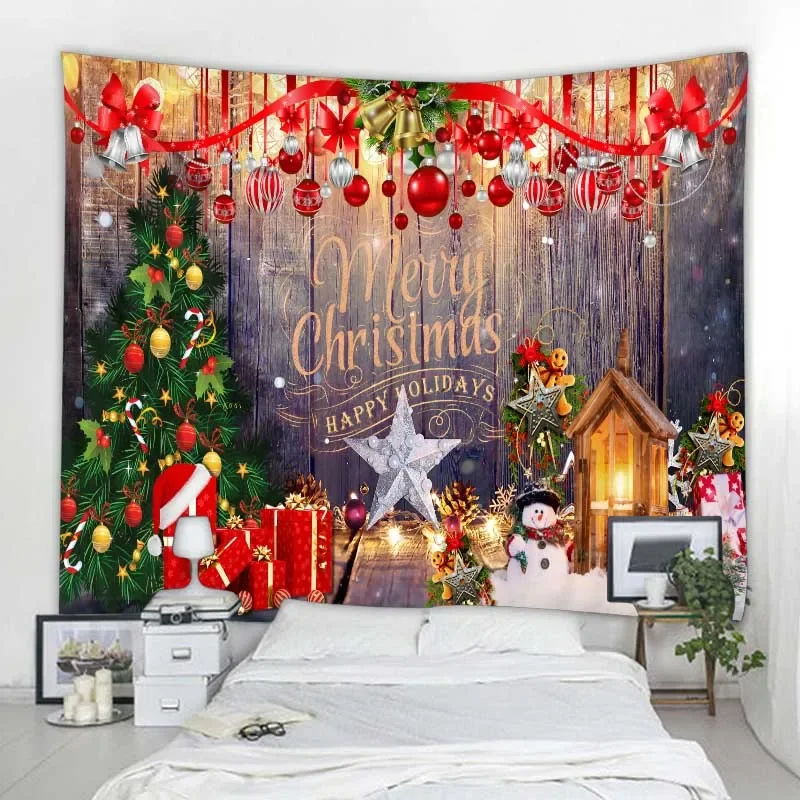 Chris-t-mas Tapestry Wall Mount Santa Claus Christmas Tree Fireplace Elk Tapestry Bedroom Living Room Dormitory Wall Decoration