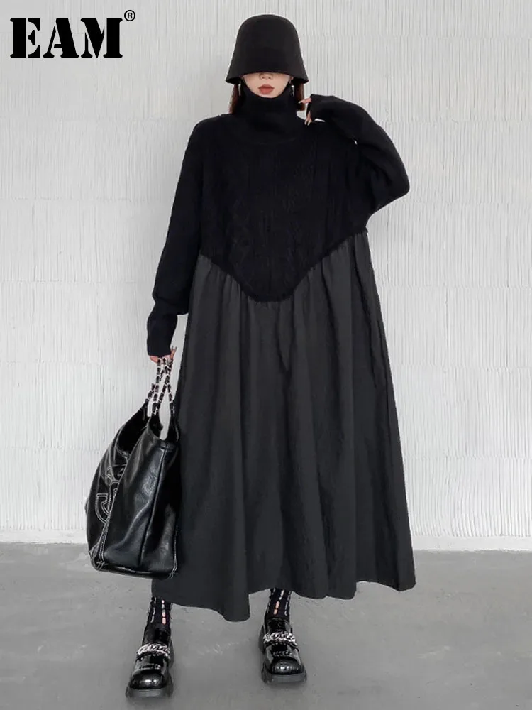 [EAM] Women Black Knitting Spliced Big Size Long Casual Dress New Turtleneck Long Sleeve Fashion Tide Spring Autumn 2024 1DH6564