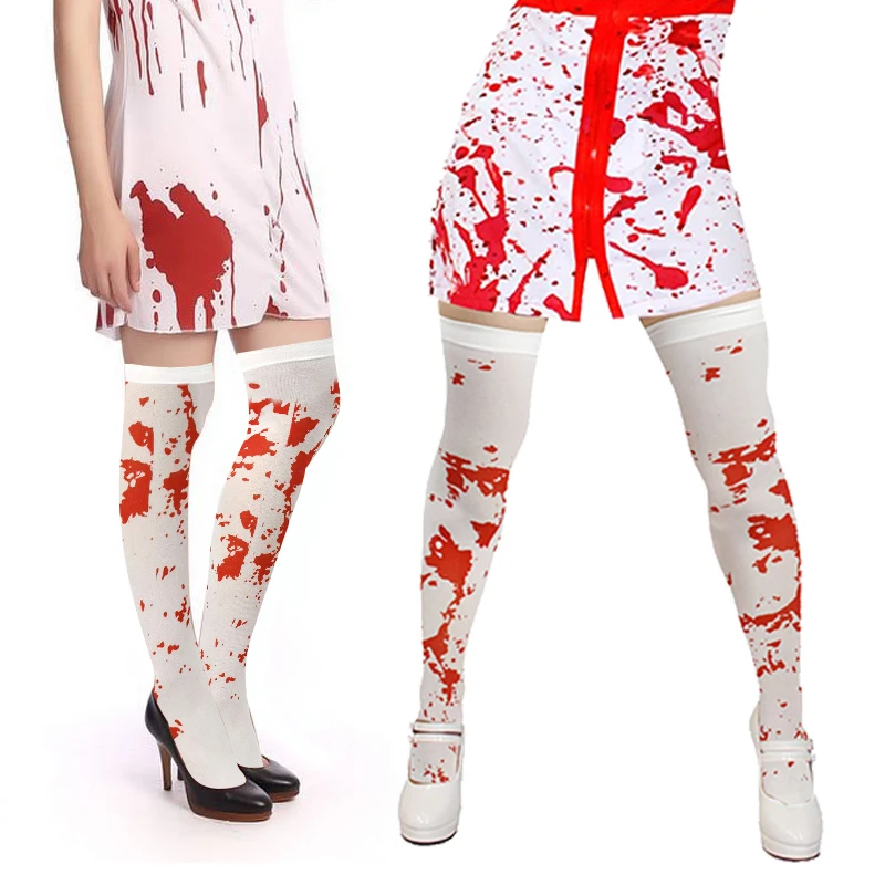 Halloween Bloody High Stockings Women Blood Stained High Socks Cosplay Nurse Costume Over Knee Socks Halloween Home Party Decor