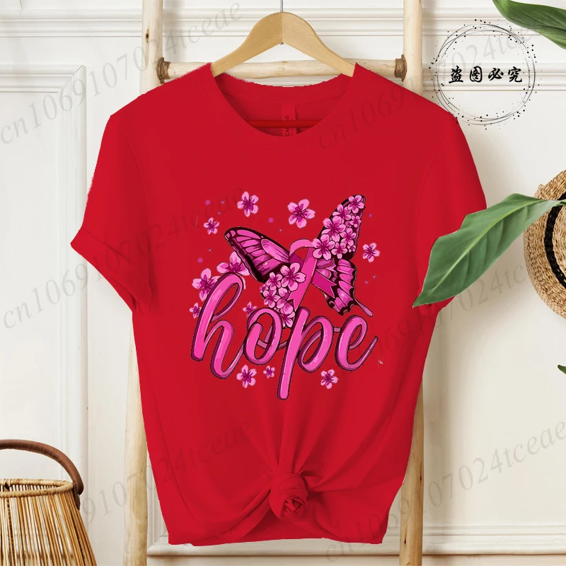 Hope Pink Ribbon Butterfly Breast Cancer Awareness Warrior Print Women's T-Shirt,Graphic Tee Tops,Casual Streetwear Fashion Tops