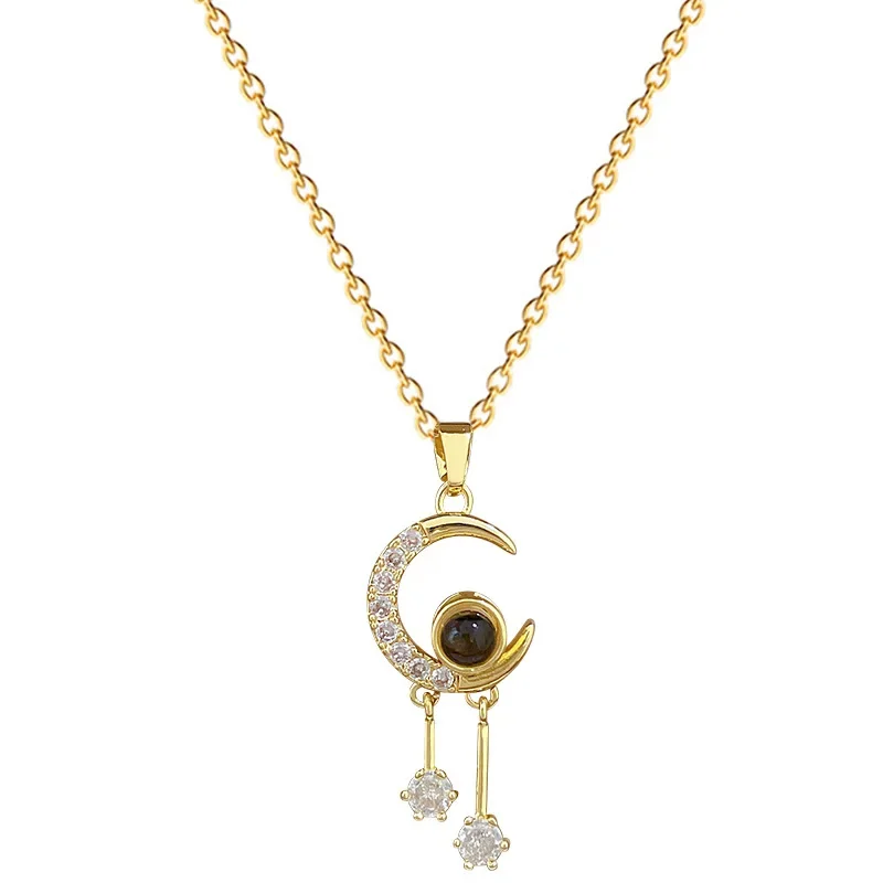 Stainless Steel Chain Necklace for Women 100 Languages I Love You Projection Zircon Moon Tassel Charm Jewelry Gifts for Lover