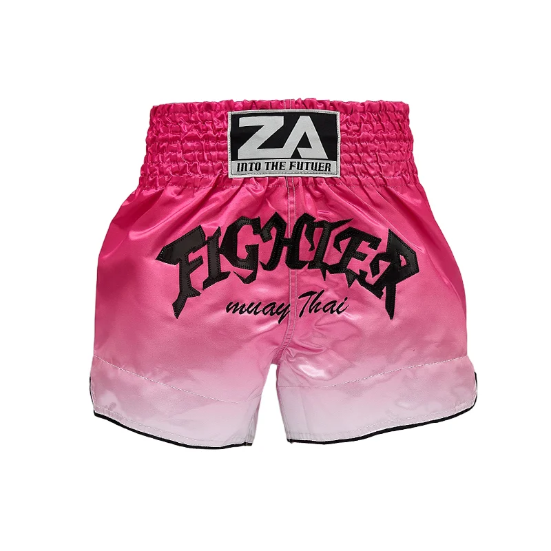 Pink Gradient Muay Thai Shorts Shiny Satin Elastic Waist Boxing Trunks Lightweight MMA Kickboxing Sparring Pants Men Women Kids