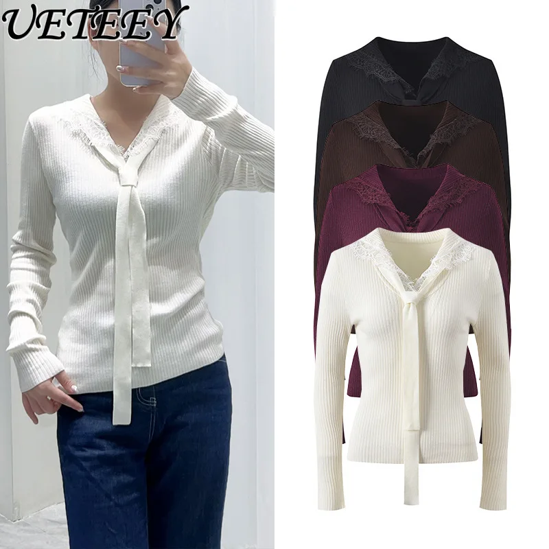 

Осень-зима, новый кружевной лоскутный темно-синий воротник с завязкой спереди, облегающий пуловер, модный универсальный однотонный вязаный свитер, топ