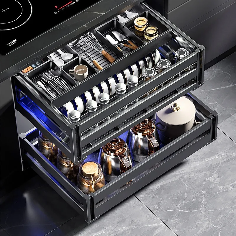 

Kitchen Cabinet Basket Drawer Open Door Type Two-layer Aluminum Alloy Dishes Drawing Deep