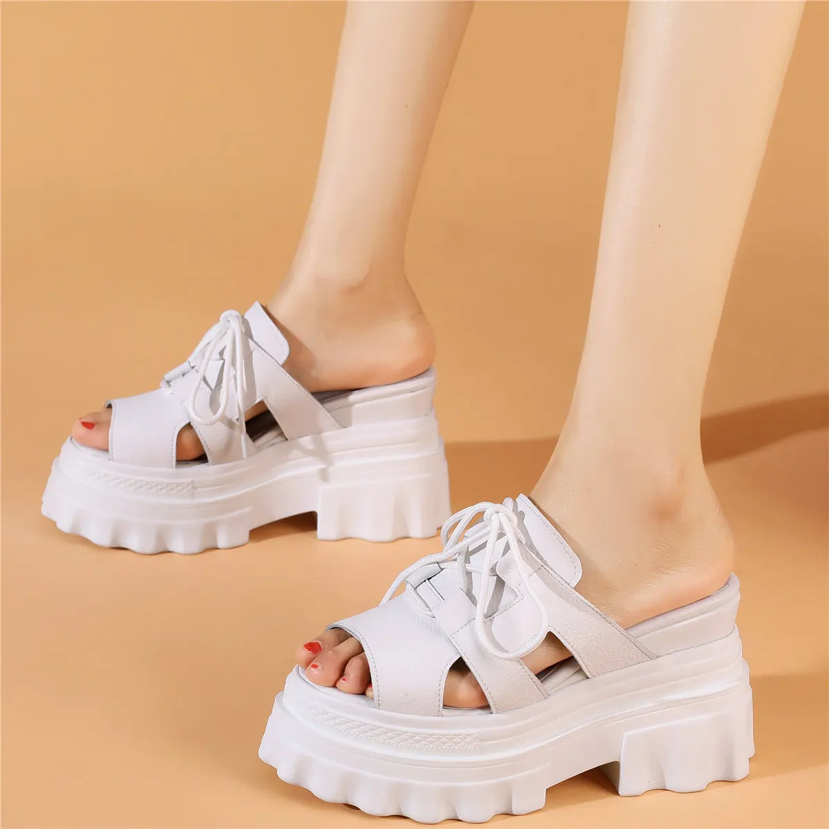 2023 Platform Pumps Shoes Women Genuine Leather Wedges High Heel Gladiator Sandals Female Open Toe Fashion Sneakers Casual Shoes