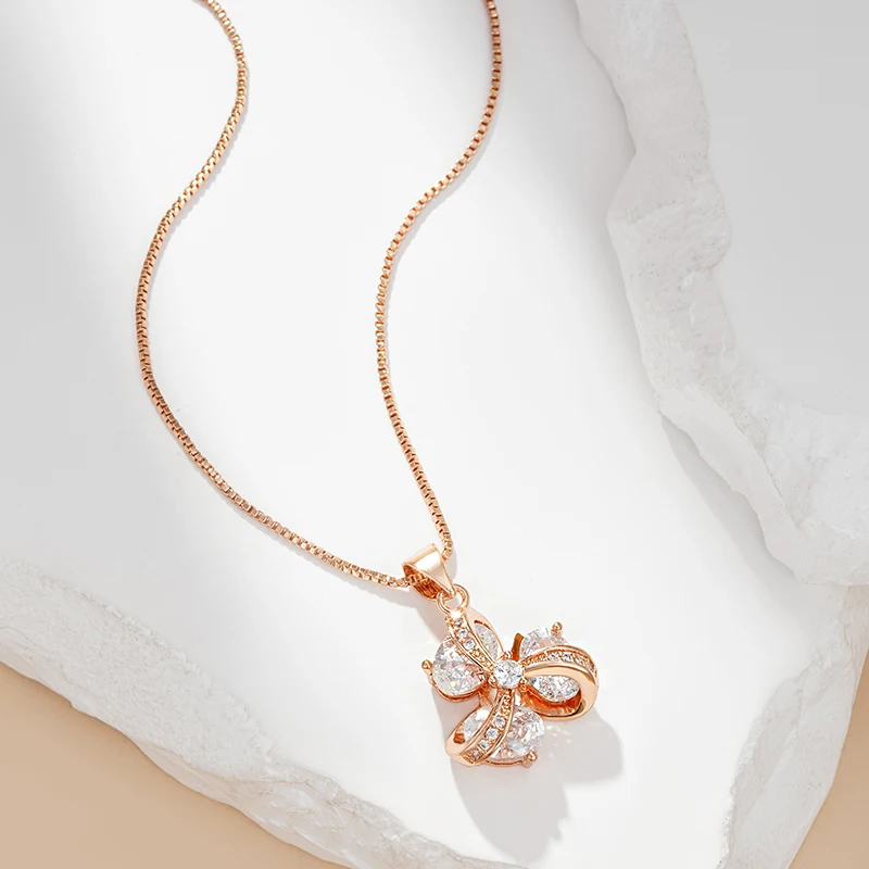 Wbmqda 585 Rose Gold Color Luxury Crystal Flower Necklace Pendant For Women With White Natural Zircon 2023 Trendy Neck Chain