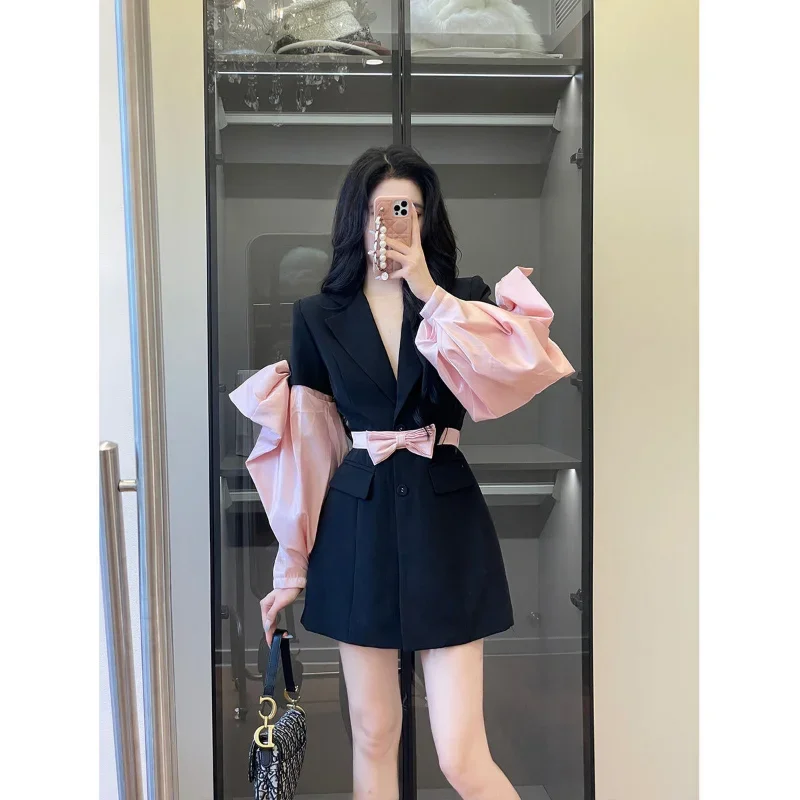 Lnsozkdg 2024 Spring Blazer Women New Fashion Trend Solid Color Notched Collar Pink Bow Bandage Sexy Patchwork Dress High Street