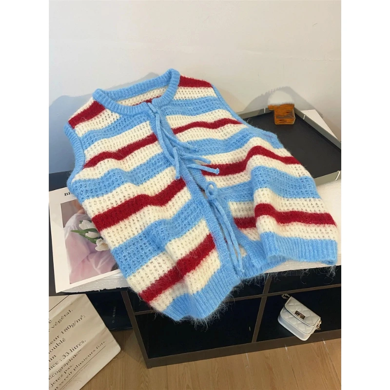 

Вязаный жилет, женский жилет, кардиган, новый корейский стиль, контрастные цветные полоски, свитер с галстуком-бабочкой