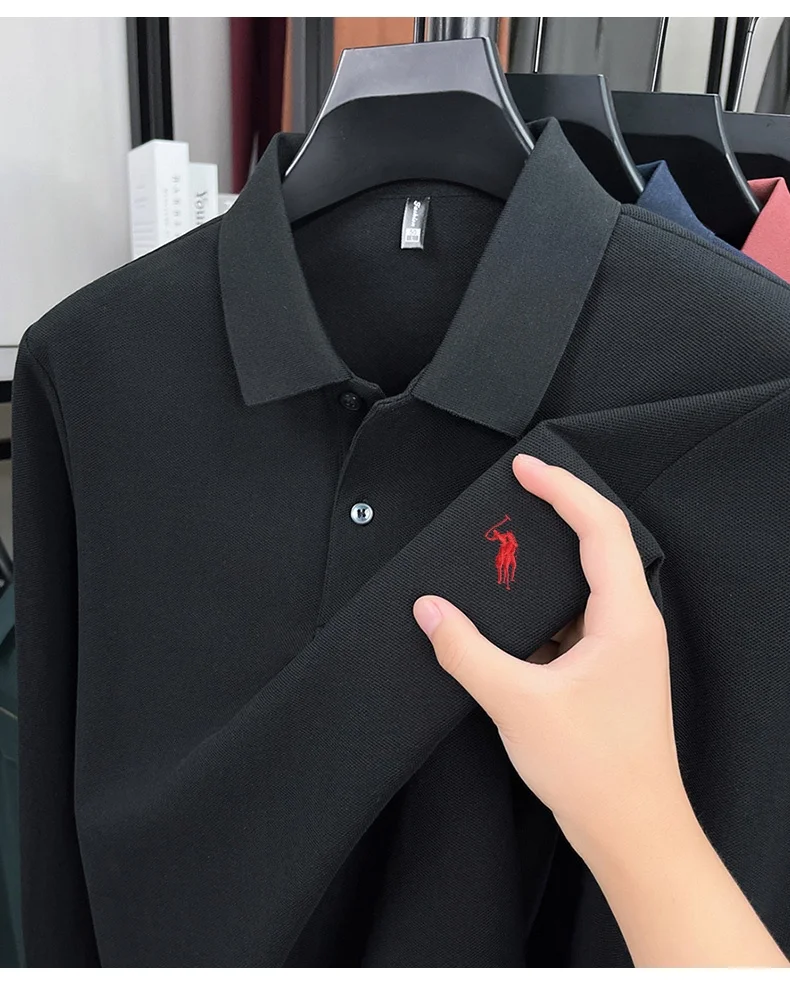 100% pure cotton fashionable spring autumn new brand Paul embroidery top high-end men's business casual long sleeved polo shirt