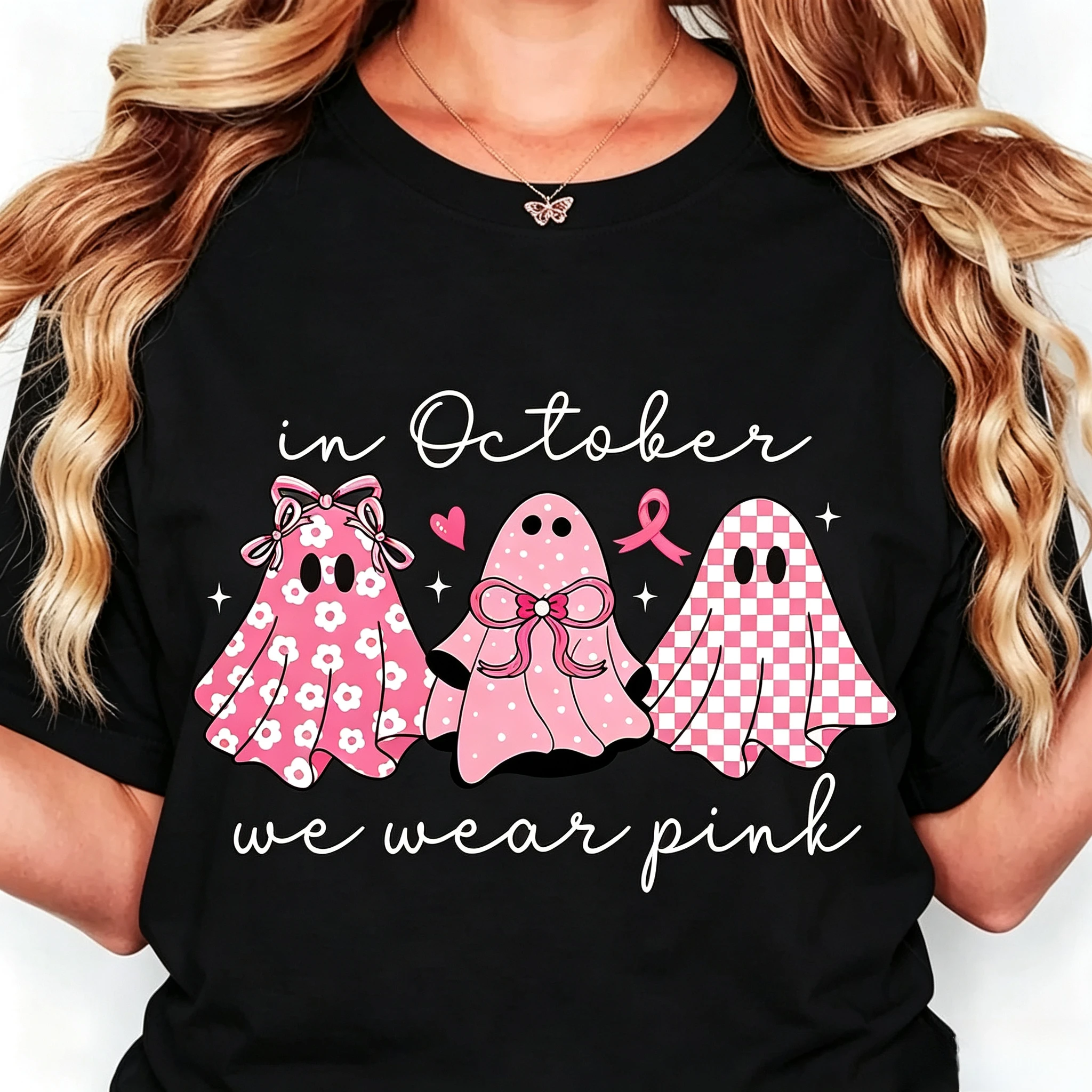 Trendy Pink Floral Checkered Dot Ghost Print Womens T Shirt Casual Short Sleeve Top for October Theme Daily Street Holiday Wear