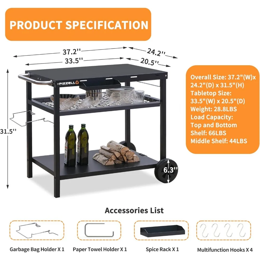 Carrinho de jantar móvel para preparação de alimentos, mesa de trabalho, grelha, carrinho de churrasco com alça, rodas e ganchos, preto