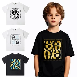 Children's clothing pure cotton T-shirt short sleeved letter logo boys' summer sports shirt round neck youth top