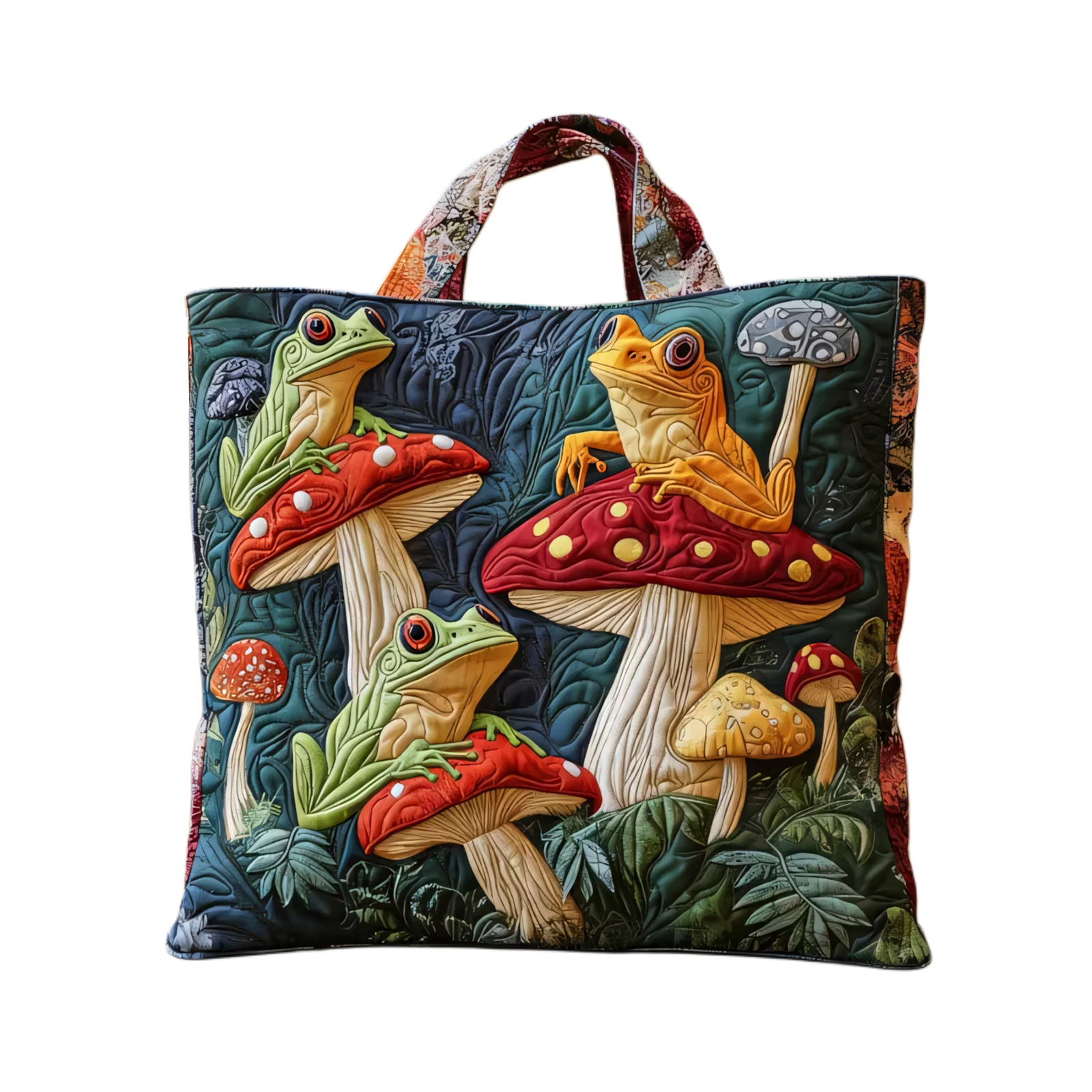 

Vintage Forest Frog Mushroom Quilted Tote Bag Women Men Reusable Shoulder Bag for Daily Shopping Casual Use