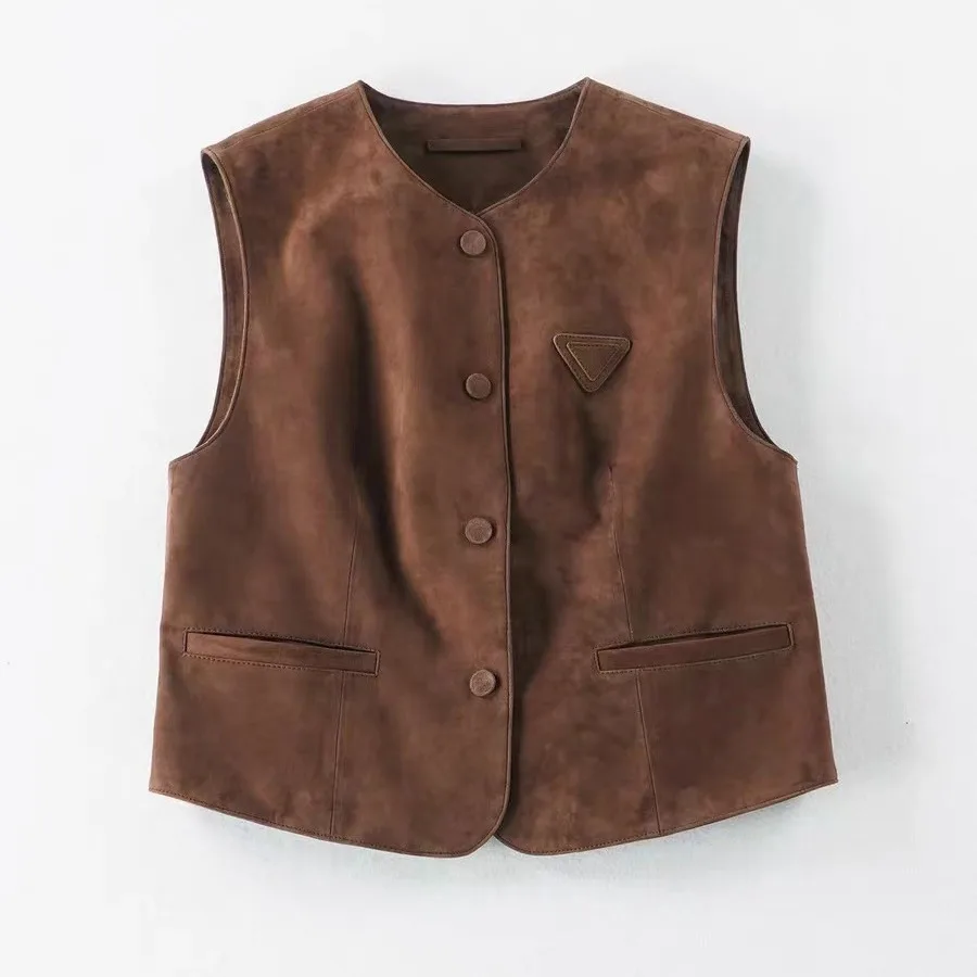 

2024 Women Fashion New Genuine Sheepskin Leather Vest Maillard Retro Suede Vest E10