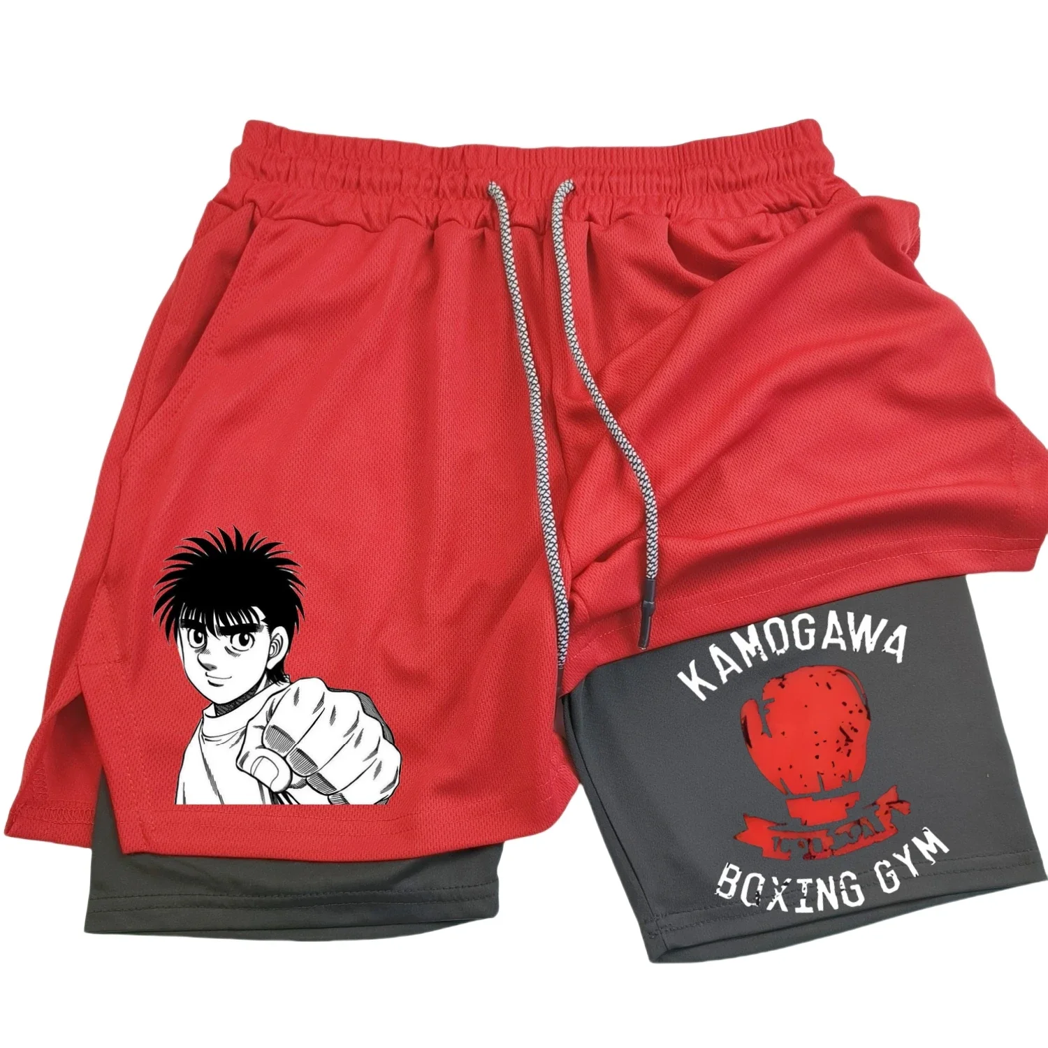 Anime IPPO Print 2 in 1 Compression Shorts for Men Athletic Performance Gym Shorts with Pockets Quick Dry Fitness Workout Boxing