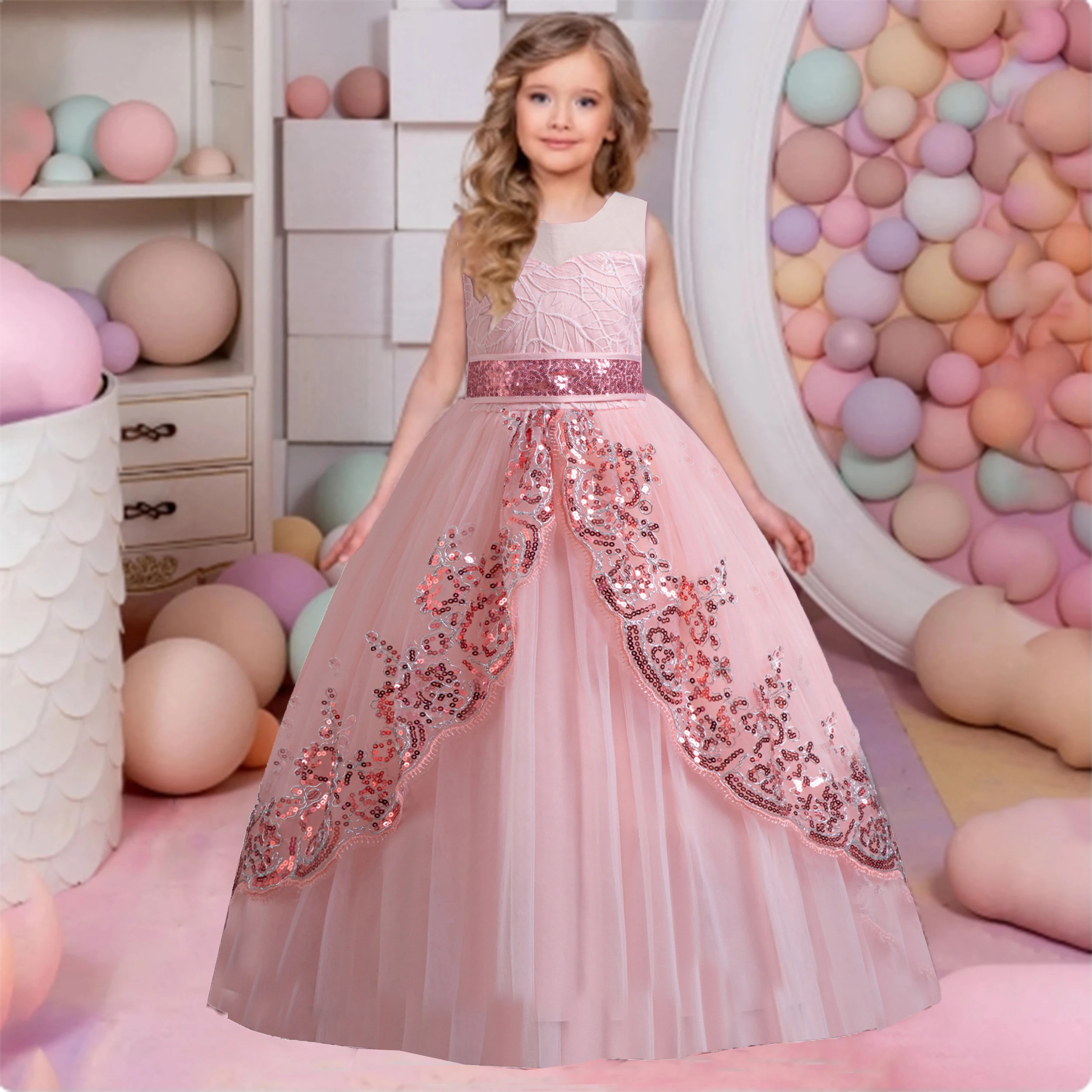 Grace Stylish Little Big Girls Sequined Soft Tulle Flower Girl Birthday Party Formal Dress Long Pageant Dress RC112051