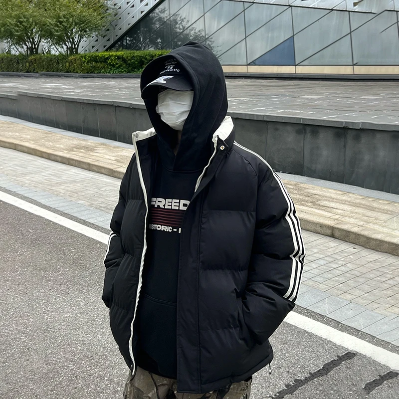 

Thiened Tee-Bar Stripe Collar Cotton Jaet Men's Winter American Retro Bread Sle Warmth Insulation Cotton Coat