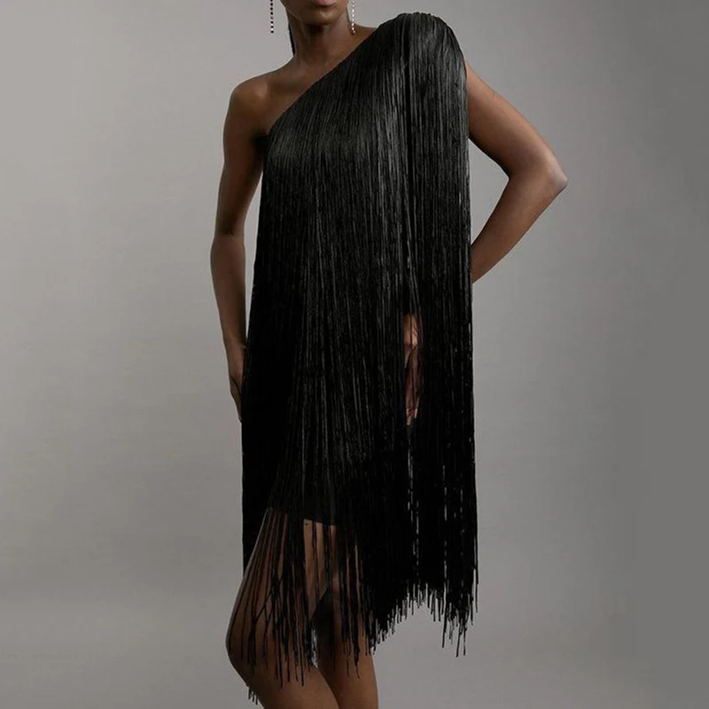 Women's Fashion Off Shoulder Tassel Dress Slanted Neck A Line Dress Asymmetric Slim Summer Simple Solid Sleeveless Evening Dress
