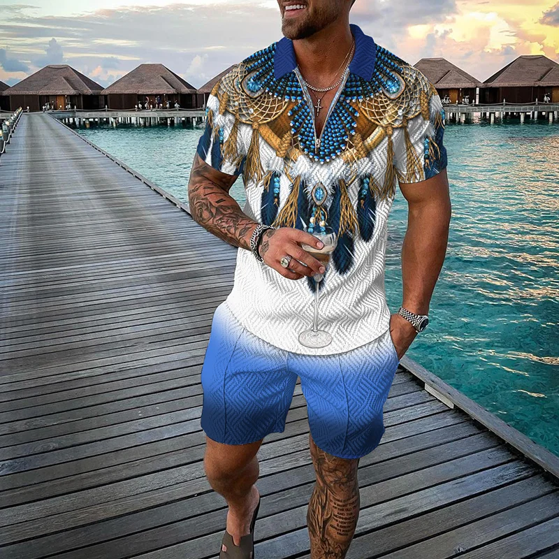 Funny 3D Print Men's Sets Fashion Polo Shirt+Shorts 2 Piece Outfit Fashion Zipper Short Sleeve Shirts Summer Hip Hop Streetwear