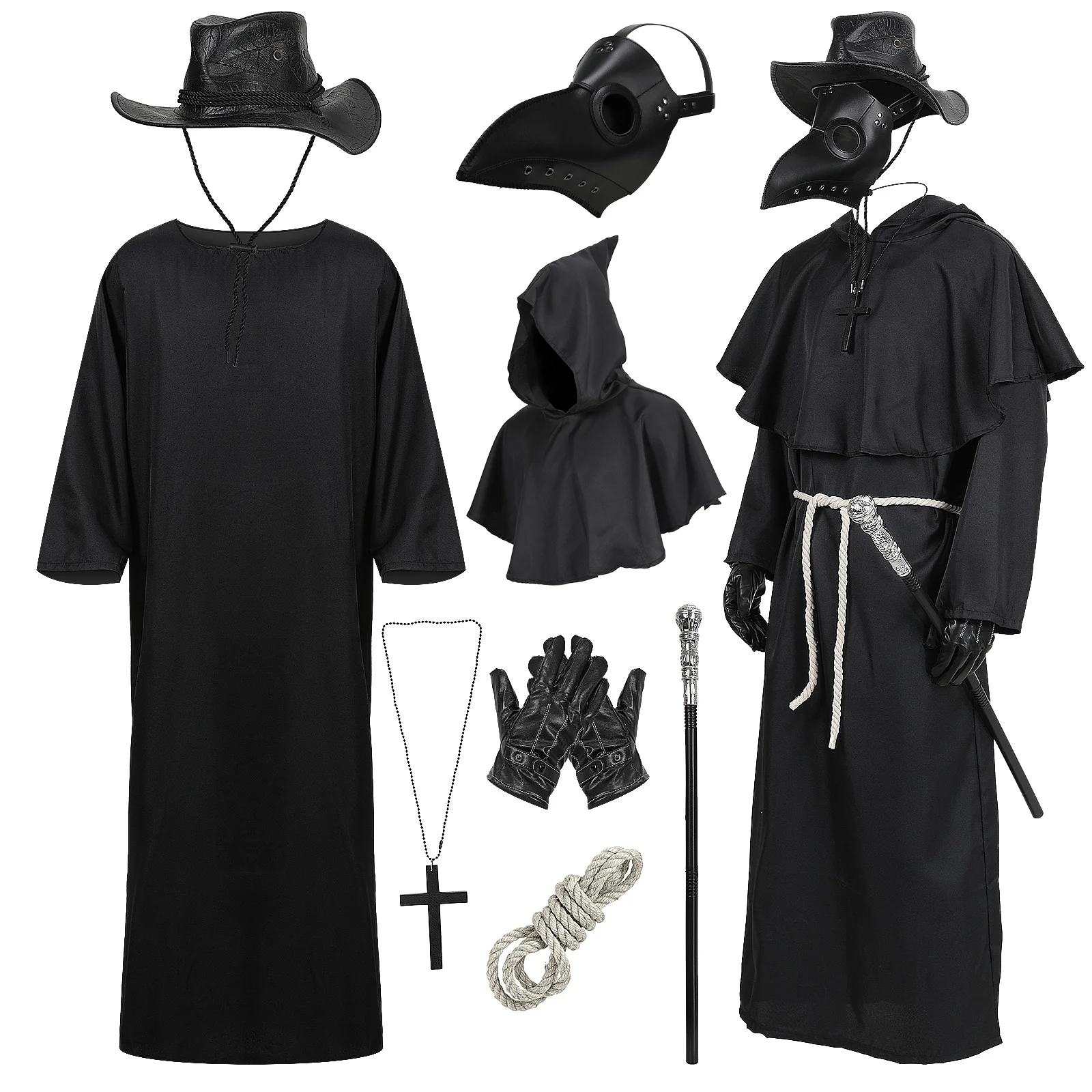 

Plague Doctor Costume Set Adults Plague Doctor Mask Halloween Costume Women Men Dress-Up Cosplay Party