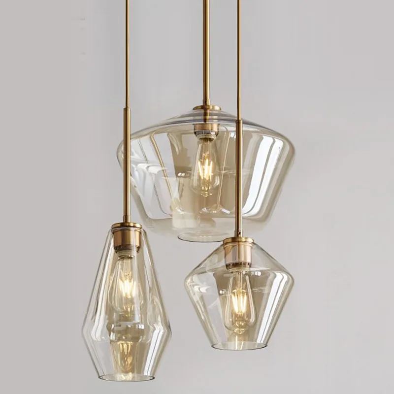

Nordic Champagne Color Rhombus Glass Chandelier Dinning Table Bedroom Restaurant Lighting Design Golden Long Rod Pendant Lamp