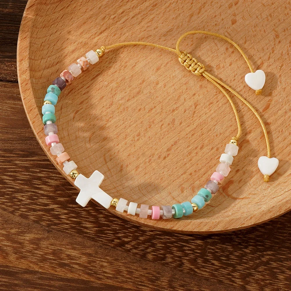 1PC Bohemian style women's bracelet, shell peach heart cross, natural stone bead adjustable bracelet, daily gift giving