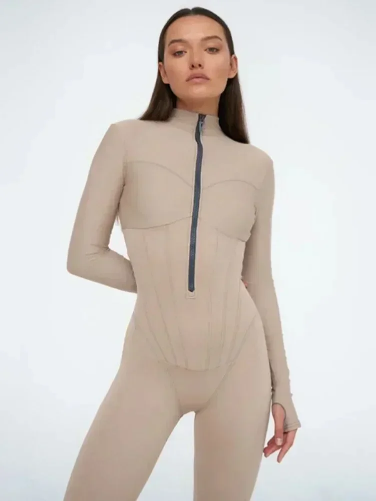 Sexy elegante feminino zip-up o pescoço manga longa macacão streetwear 2024 outono feminino macacão de uma peça de fitness esportes bodysuits