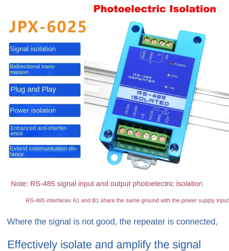 Industrial Grade 3-Terminal Fully Isolated RS485  Repeater Lightning Protection Signal Amplification Anti-interference Extender