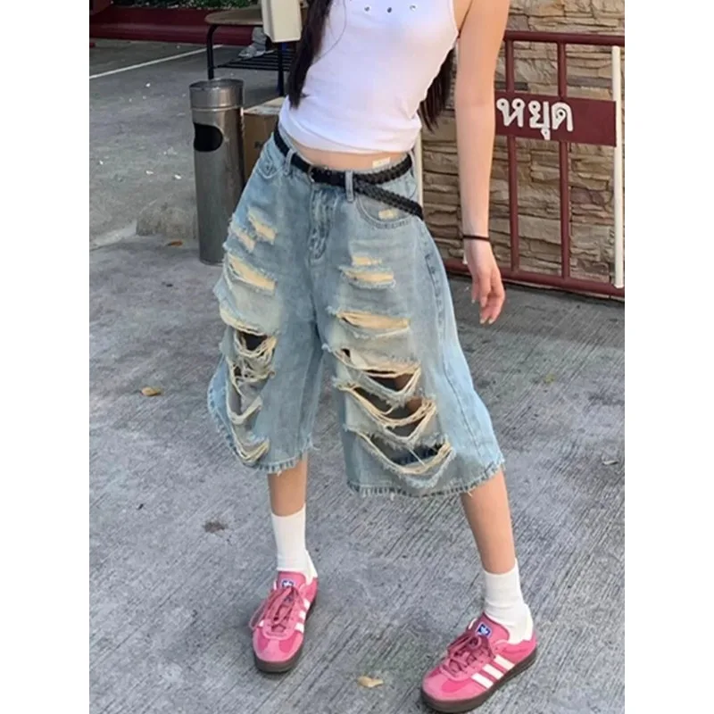 

Синие шорты с несколькими отверстиями, женские летние крутые джинсы длиной до икры для девочек, женские капри с высокой талией, джинсовые брюки