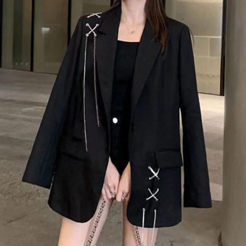 2024 Spring Women Jackets Black Gothic Punk Hip Hop Solid Vintage Blazer Coats Chic Chain Loose Jacket Streetwear