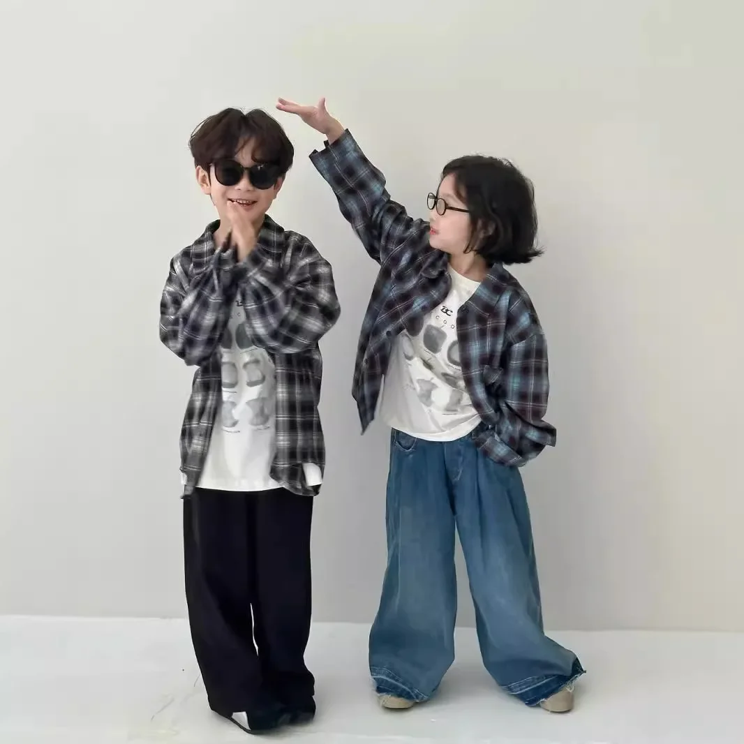 Children Clothing Kids Shirt 2024 Autumn Boys and Girls Korean Style Fleece Plaid Shirt Casual Loose Long-sleeved Simple Top