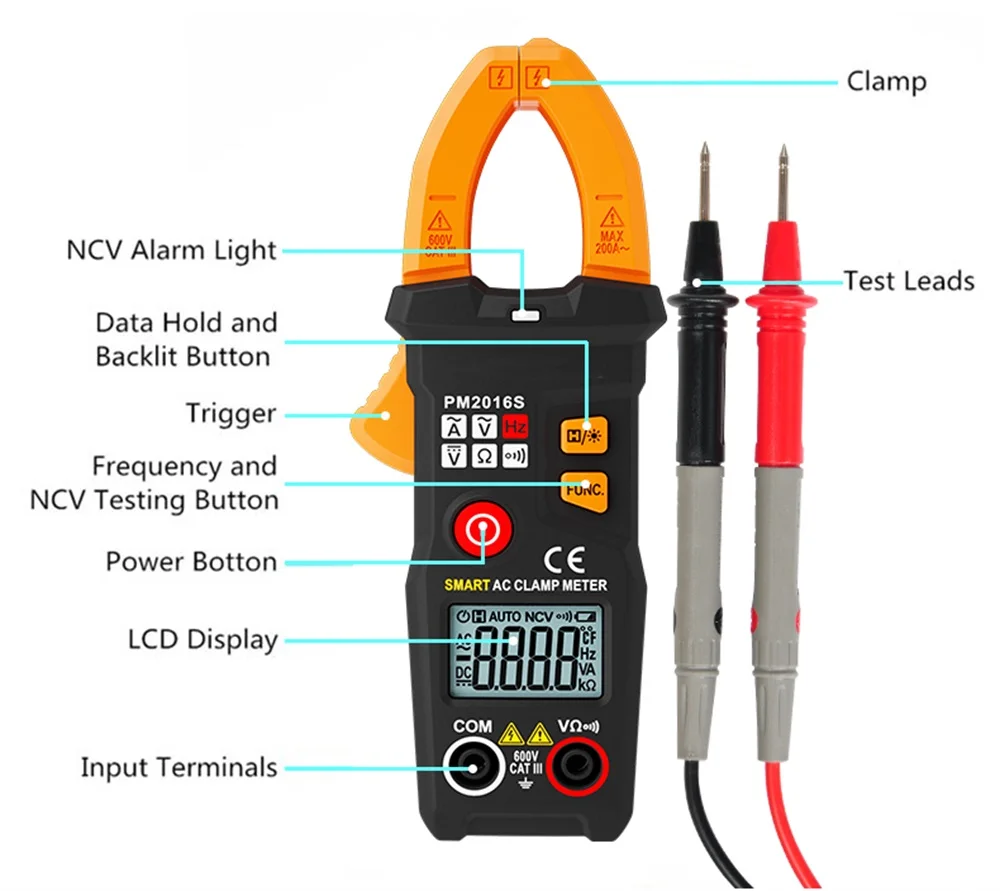 Qhtitec pm2016s digital braçadeira multímetro medidor 6000 contagens verdadeiro profissional rms ac/dc tensão atual testador hz capacitância ohm