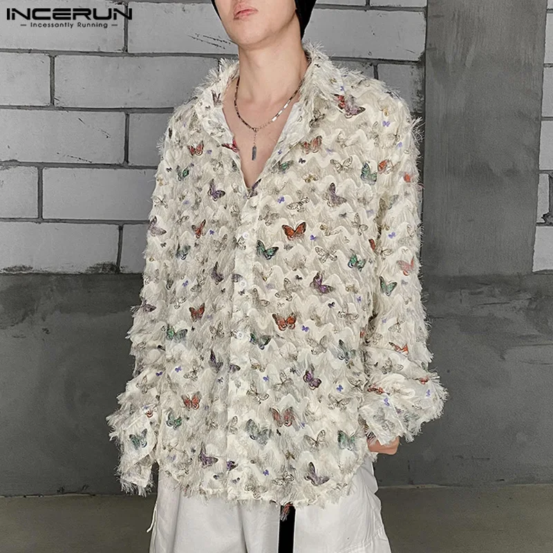 INCERUN Men Shirt Printing Tassel Lapel Long Sleeve Button Streetwear Casual Men Clothing 2024 Loose Korean Fashion Shirts S-5XL