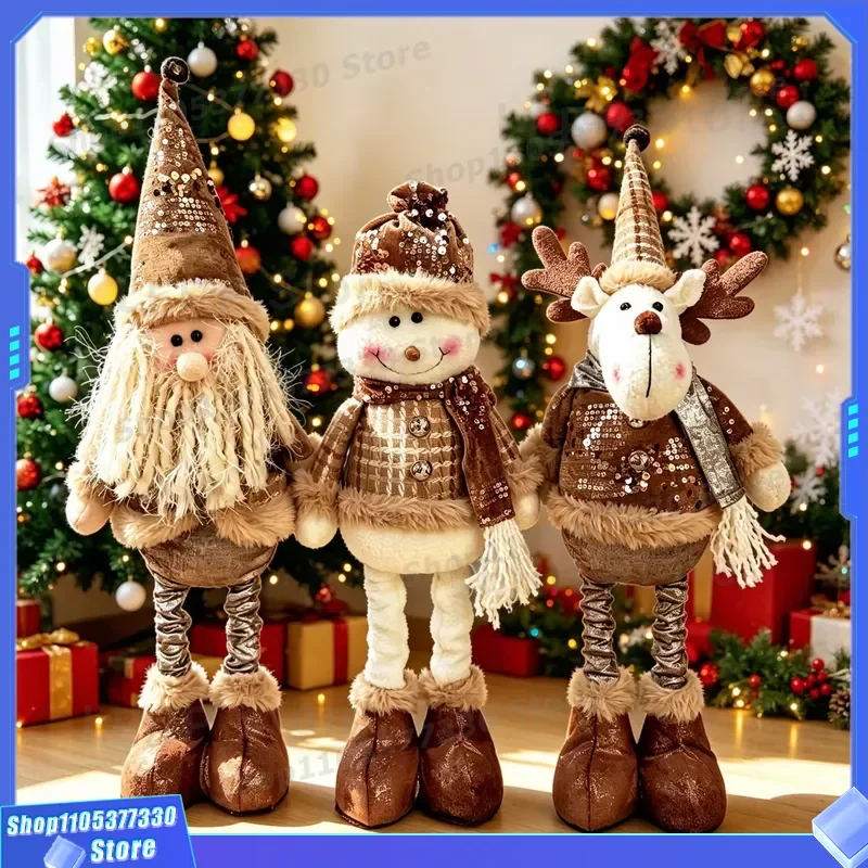 Eco Friendly Handmade Vintage Plaid Christmas Ornament Telescopic Santa Claus Snowman Reindeer Plush for Home Hotel Mall