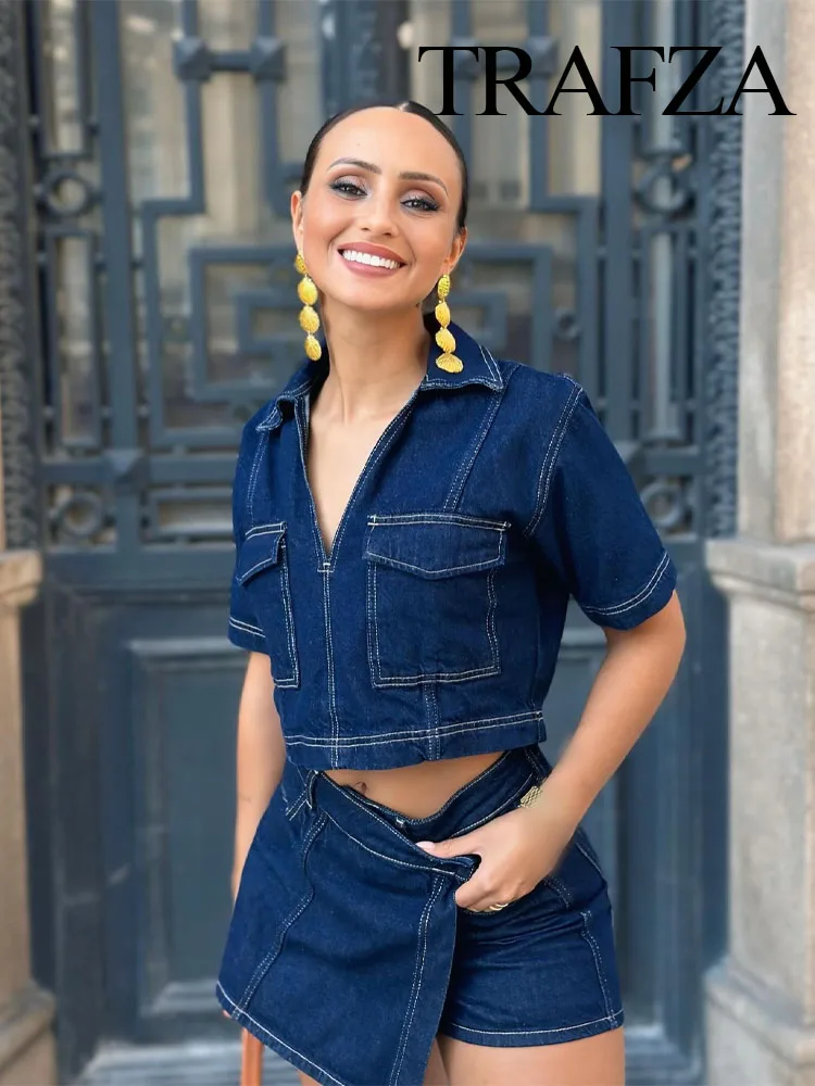 TRAFZA Summer Women Suits Denim Blue Turn-Down Collar Short Sleeves Pocket Decoration Shirts+Mid Waist Asymmetrical Shorts Traf