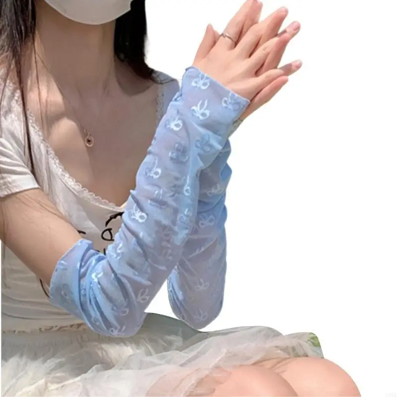 195E النساء الفتيات الشمس واقية أصابع قفازات بلون Bowknot طباعة الذراع تدفئة الساق الجليد الحرير التبريد الذراع أكمام الساق #2