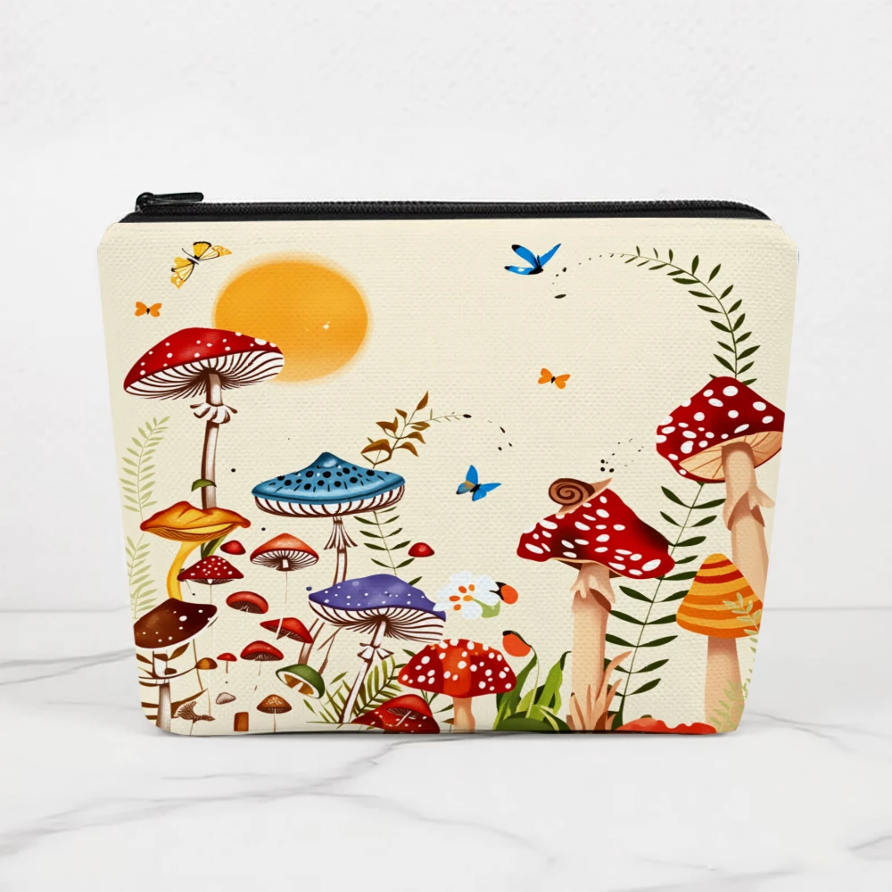 Mushroom Forest Sun Butterflies Leaves Makeup Bags for Girls Cosmetic Pouch Toiletry Bag Pencil Case Travel Storage