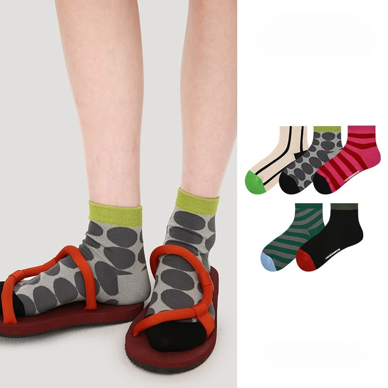 5pcs/set Creative Women's Summer Thin Socks Striped Polka Dot Breathable Socks Kawaii Cute Sweat-absorbent Sports Short Hosiery